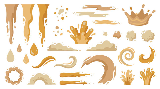 set of mud and liquid splash elements with drips drops and soil dust particles for game environment, texture asset