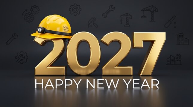 Happy New Year 2027 banner for the construction industry featuring metallic gold 3D numbers wearing a yellow hard hat on a dark background with tool icons.