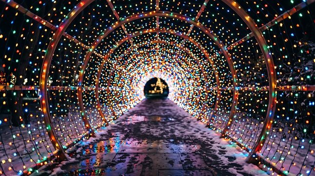 Illuminated tunnel walkway covered in festive multicolored fairy lights with snow-covered ground and colorful reflections during a winter night celebration.