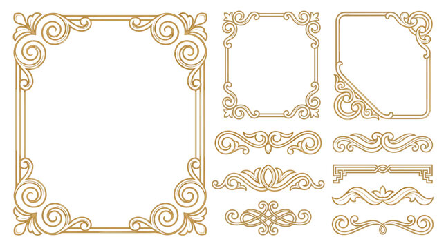 Set of golden vintage decorative frames and flourish ornaments, elegant swirl borders, classic victorian style elements for invitation cards and