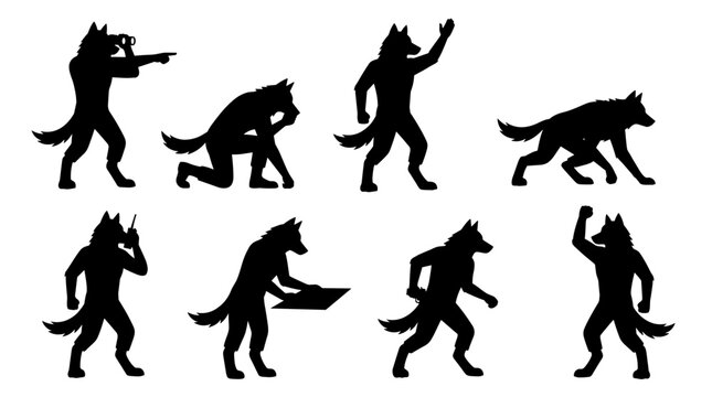 Set of black silhouettes of anthropomorphic wolves in various action poses, perfect for mystical themes, folklore illustrations, and fantasy design