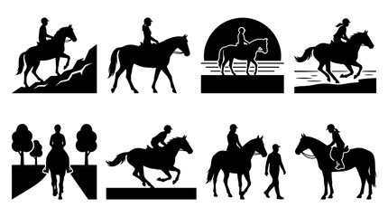 Fototapeta premium Set of eight black horse and rider silhouettes in various poses, equestrian sports, riding activities, lifestyle and animal recreation icons