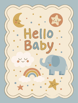 Cute Baby Elephant Moon Rainbow and Stars Greeting Card