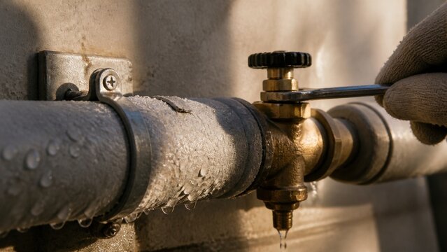Close up view of aged metal plumbing fittings; shows wear and patina on the surface; suggests industrial or rustic architectural details