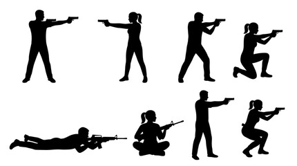 Obraz premium Set of black silhouettes of soldiers and people holding firearms in various shooting positions, tactical training, combat stance, security operations