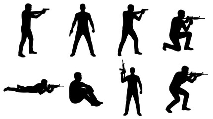 Obraz premium Set of black soldier silhouettes in various combat poses, shooting rifle and pistol stances, military action, tactical movement, tactical training