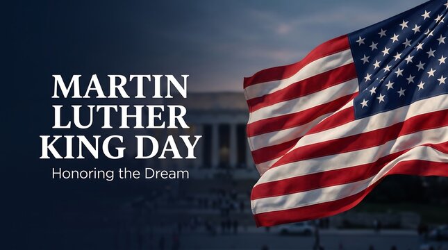 Martin Luther King Day banner featuring Honoring the Dream text alongside a waving American flag with a blurred memorial backdrop in dark blue evening light.