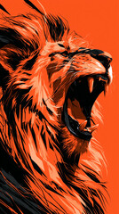 Obraz premium Roaring Lion's Fury: A powerful lion with a striking mane and bared teeth lets out a fierce roar, its orange hues and dramatic lines conveying untamed energy and primal strength.