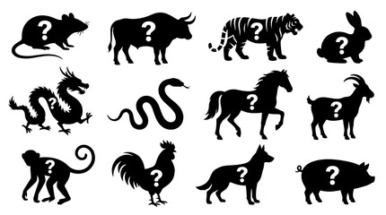 Naklejka premium Set of zodiac animal silhouettes with question marks representing mystery, chinese horoscope signs, fortune telling, astrology icons, symbolic