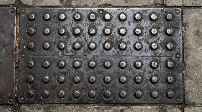 A top-down view of a dark, weathered metal surface featuring a regular grid of raised circular bumps or studs, commonly used for tactile paving or anti-slip industrial flooring