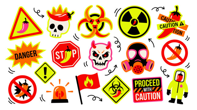 Set of spicy chili warning signs and hazardous material icons featuring skulls, gas masks, and biohazard symbols, vibrant danger stickers for fun