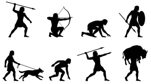 Set of silhouettes showing tribal people engaged in hunting and gathering, ancient history, historical lifestyle, nomadic culture, primitive weaponry