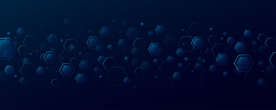 Abstract glowing blue random hexagons for Technology or Science background. Futuristic honeycomb pattern for scientific research presentation or biotech concept. Vector illustration.