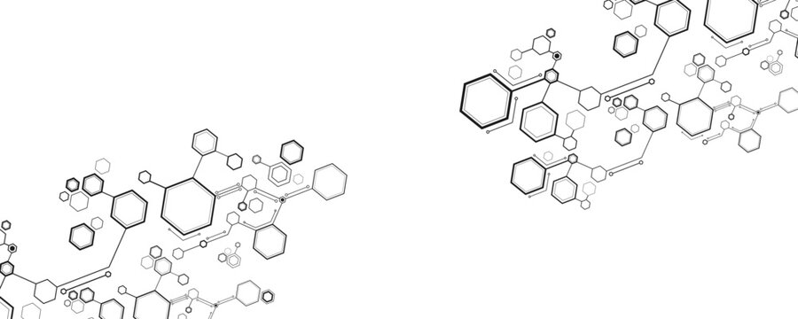 Futuristic connected black hexagons on white backdrop for Technology or Science background. Hexagonal pattern for scientific research presentation or cyber tech concept. Vector Illustration.