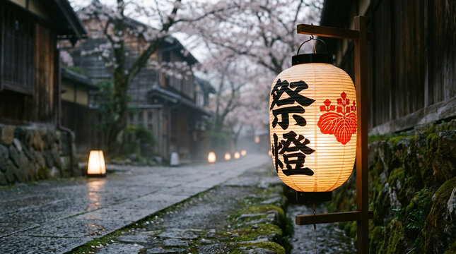 Close-up of traditional Japanese lanterns (chochin) illuminating a path at dusk