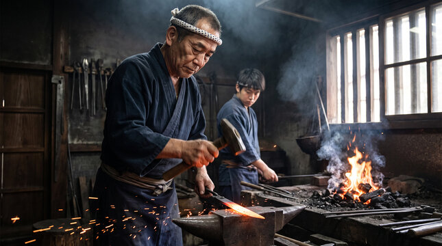 A Japanese man demonstrating the creation of a traditional Japanese sword (katana) at a forge