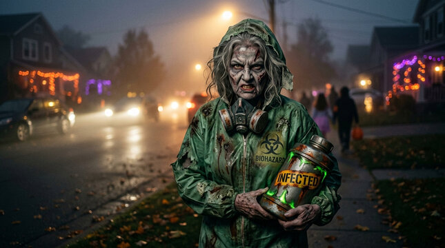 Scary Zombie Woman in Biohazard Suit Holding Infected Virus Canister on a Suburban Street at Night, Horror Pandemic Concept