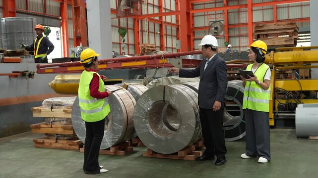Engineers and staff are inspecting the assembly line system in a metal sheet and metal roofing manufacturing plant. (VDO 4K)	