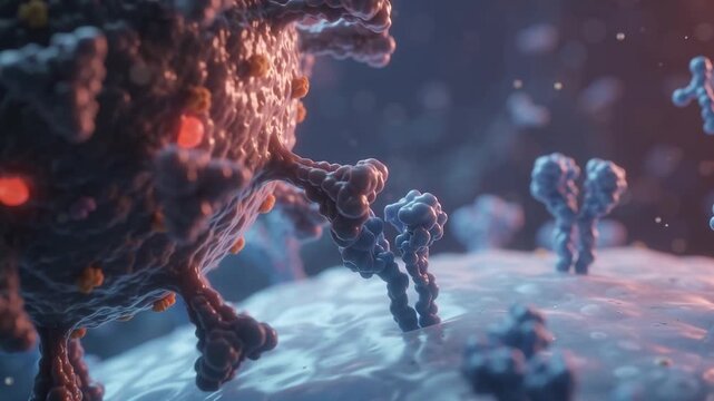 3D medical animation showing a virus spike protein binding to host cell membrane receptors, illustrating the viral infection process.