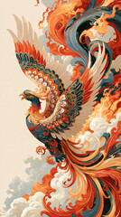 Obraz premium Majestic Phoenix in Fiery Flight: A stunning, intricately detailed phoenix in flight, its vibrant plumage of red, gold.