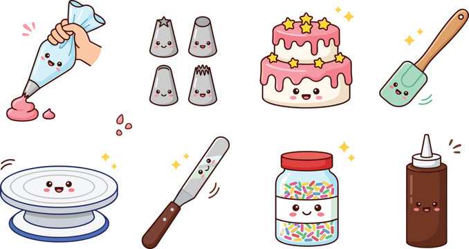 Cute Kawaii Cake Decorating Icon Set with Smiling Pastry Bag, Piping Tips, Birthday Cake, Spatula, and Sprinkles Jar for Baking Graphic Designs