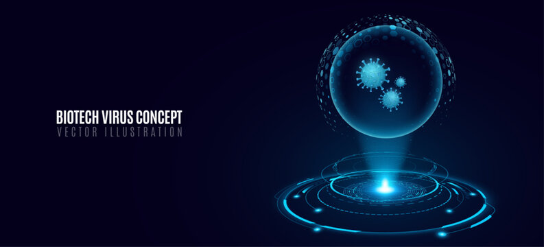 Biotechnology concept featuring glowing holographic virus models inside a digital sphere above a holographic HUD circle for medical research presentation or healthcare banner. Vector illustration.
