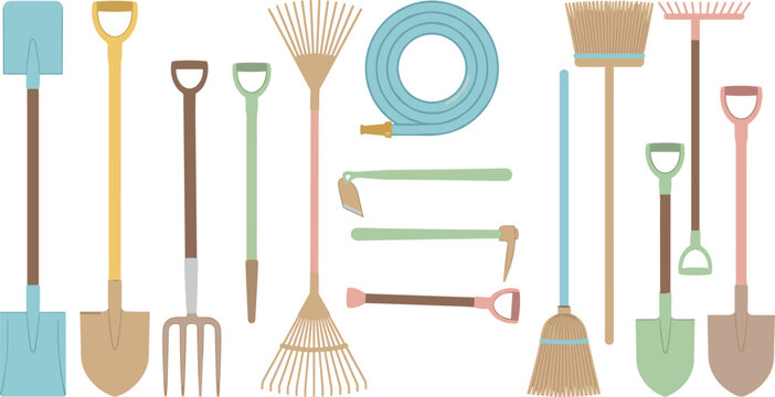 Gardening tools vector collection set featuring long handle shovels rakes forks hose broom and hoes flat graphic illustration