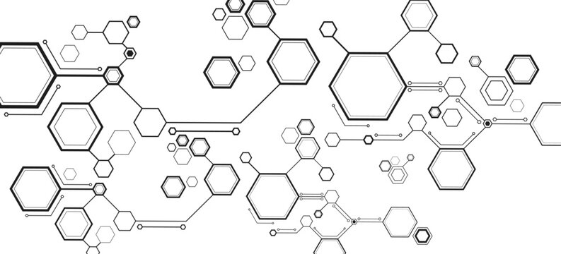 Connected black hexagons on white backdrop for Technology or Science background. Hexagonal pattern for scientific research presentation or cyber tech concept. Vector Illustration.