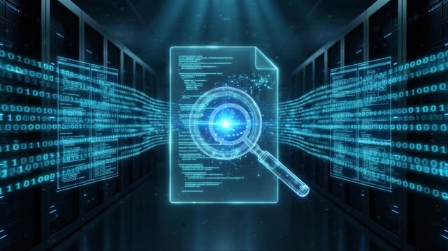 Digital data technology network code analysis futuristic magnifying glass cybersecurity software internet connection innovation server room information processing data center system search computer