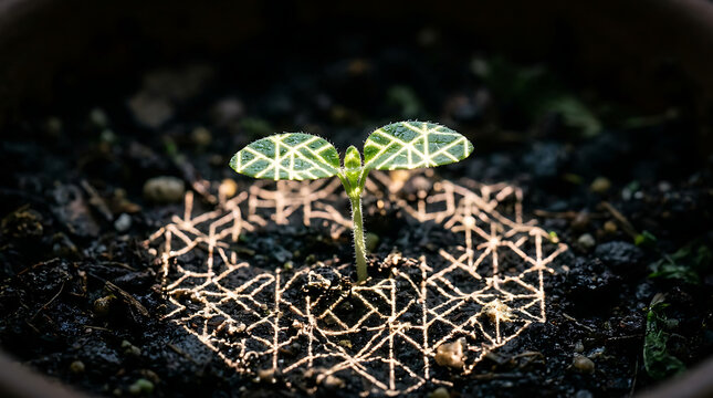 Small green seedling growing in soil with geometric light pattern protection