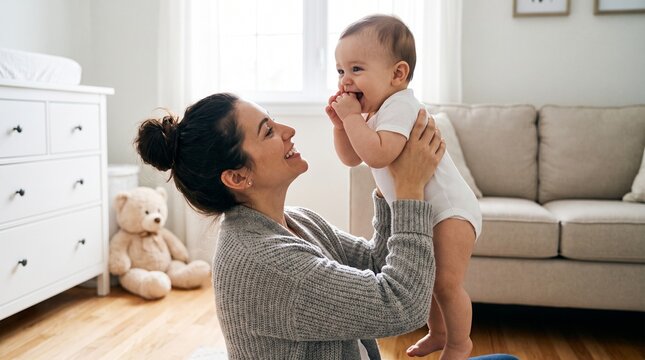 Joyful mother playfully lifting her smiling baby, creating a heartwarming moment of love and family bonding indoors