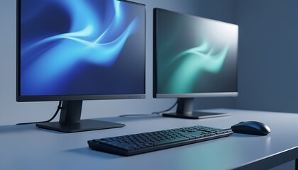 Fototapeta premium Clean modern dual monitor desktop computer setup with glowing abstract screens, keyboard, and mouse on a grey desk