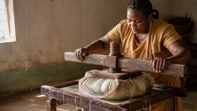 Close up portrait of a dark skinned woman working hands crafting natural fiber material, suggesting skilled artisan work, traditional lifestyle, and rich cultural heritage