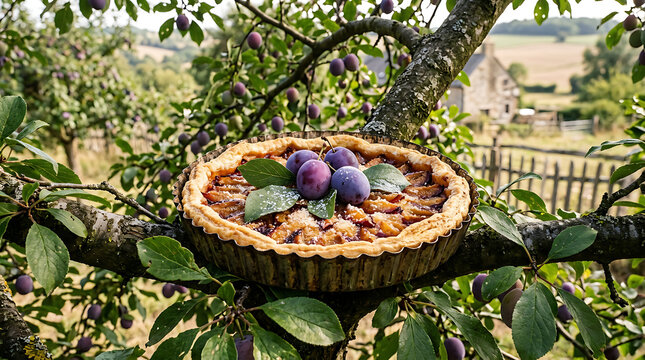 Freshly baked plum tart resting on a rustic tree branch in a sunny orchard