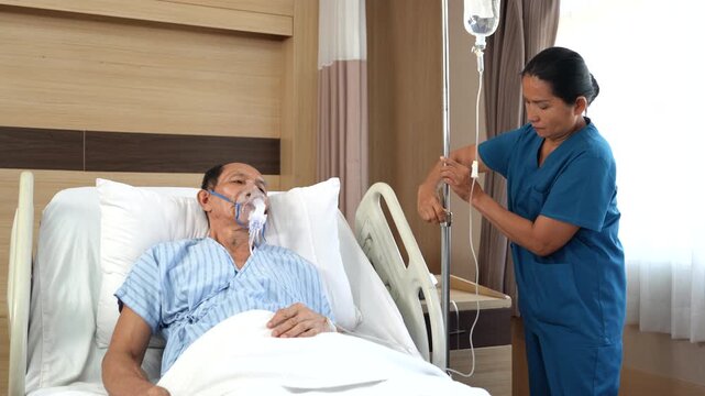Elderly patients wear oxygen machines to help them breathe. Patients use portable oxygen machines in hospitals. Patients with respiratory problems. (VDO 4K)	
