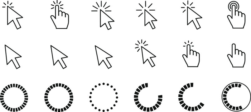 Collection of mouse cursor and pointer icons with loading spinners