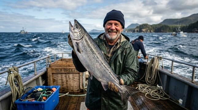 Smiling middle aged Caucasian man, holding large fresh salmon fish, standing on fishing boat deck, ocean waves, commercial fishing gear