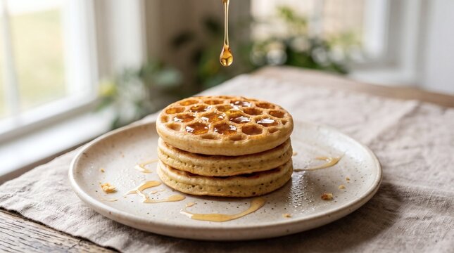 Stack of fluffy waffles with honey dripping from above on a plate in warm morning light