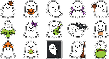 Obraz premium Cute cartoon Halloween ghost stickers set with funny characters and autumn elements for design