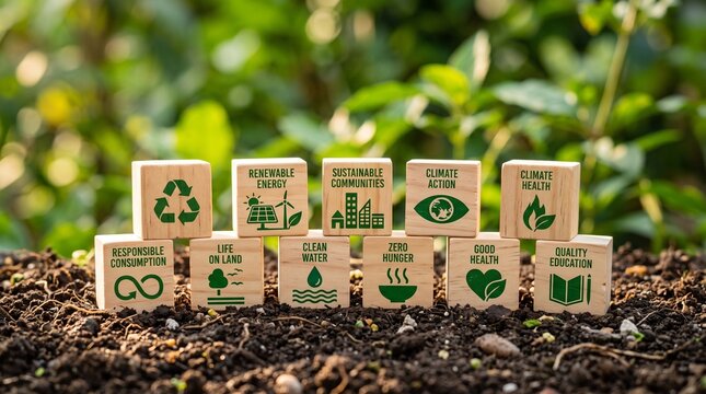 Sustainable development goals on wooden blocks on soil for conservation and climate action