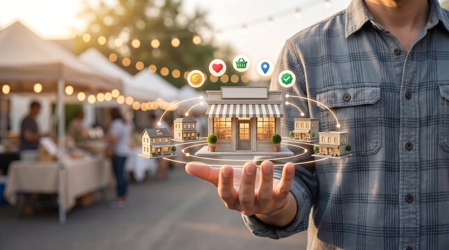 Hyperlocal E-commerce And Retail Network Concept Showing Miniature Storefronts Connected Over Hand At Outdoor Market