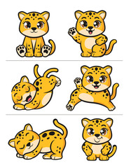 Fototapeta premium Adorable cheetah cubs in playful poses set of six