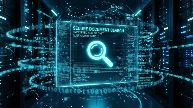Secure document search encrypted access data protection digital security cybersecurity futuristic server room technology network system interface database business professionals thinking advanced