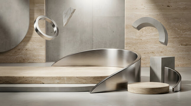 Modern 3D render display podium with metallic curves and marble elements for product showcase