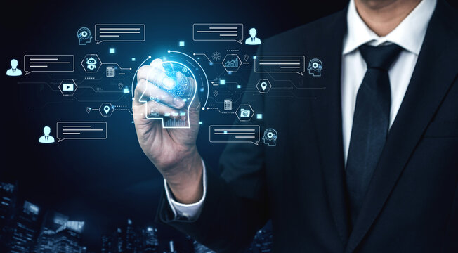 Artificial intelligence AI chat message concept linking users, knowledge base, search and analytics to provide automated NLP data support and informed business decisions, tech model training. Corpus