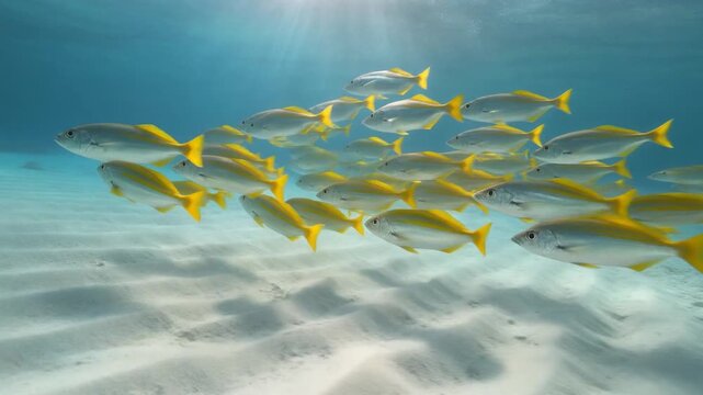 白砂の浅瀬を泳ぐ黄銀色の魚群