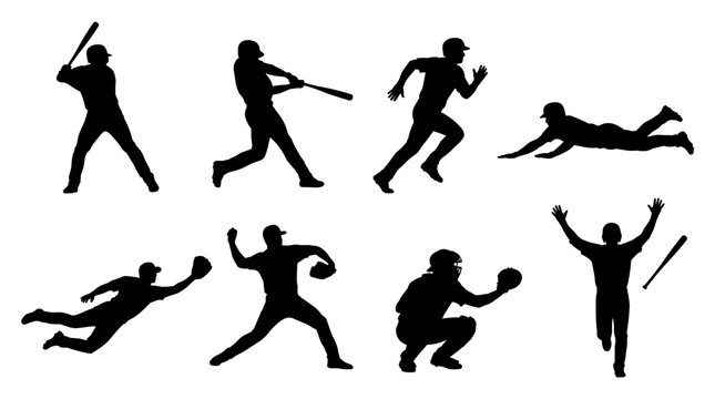 Set of black baseball player silhouettes featuring hitting, running, sliding, and catching actions for sports posters and team branding