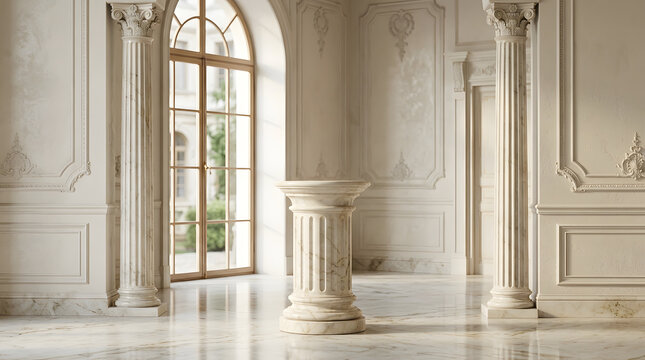 Luxury classical room with marble columns pedestal and bright arched window