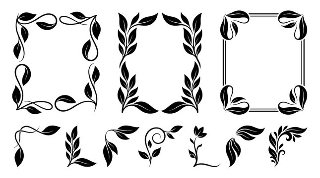 Set of black ornate frames and botanical corner flourishes, elegant floral borders and decorative dividers for stationery and invitations
