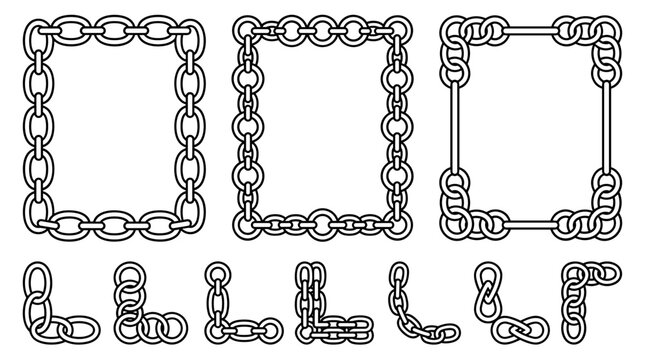 Set of decorative frames and corner elements made of linked metal chains, outline style for labels, borders, certificates, vintage layouts